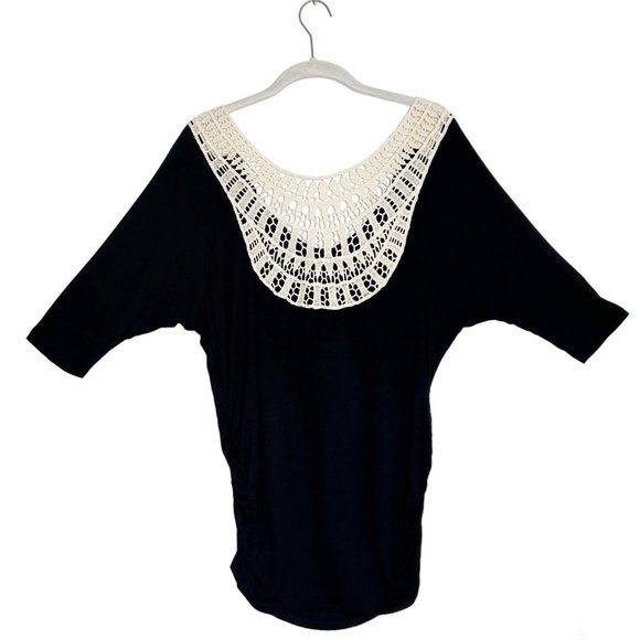 American Dream Women's Crochet Neck Pullover Top in Black/Tan - Sz L - Picture 2 of 4